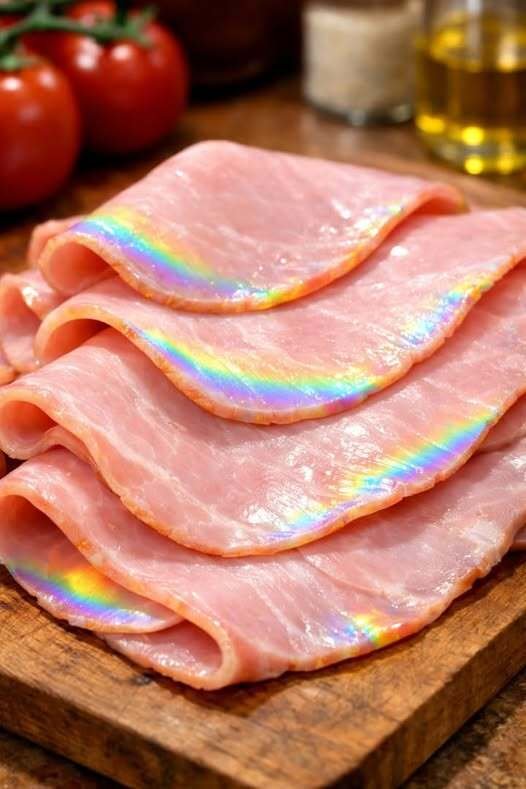 THE RAINBOW SHIMMER ON DELI HAM THAT LOOKS BEAUTIFUL BUT CAN SIGNAL SPOILAGE BACTERIAL GROWTH STORAGE MISTAKES OR NATURAL LIGHT REFRACTION AND HOW TO USE SIGHT SMELL TOUCH AND TIME TO DECIDE WHETHER YOUR MEAT IS SAFE OR A DANGEROUS BITE AWAY