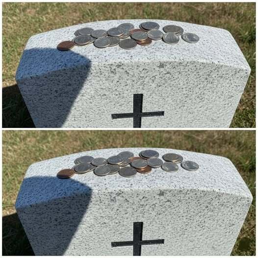 My husband, a military veteran, died just two weeks ago. Today, I went to his grave and noticed coins on his headstone. What do they mean? Why would someone leave them there? It frightened me! (Check In First comment👇)